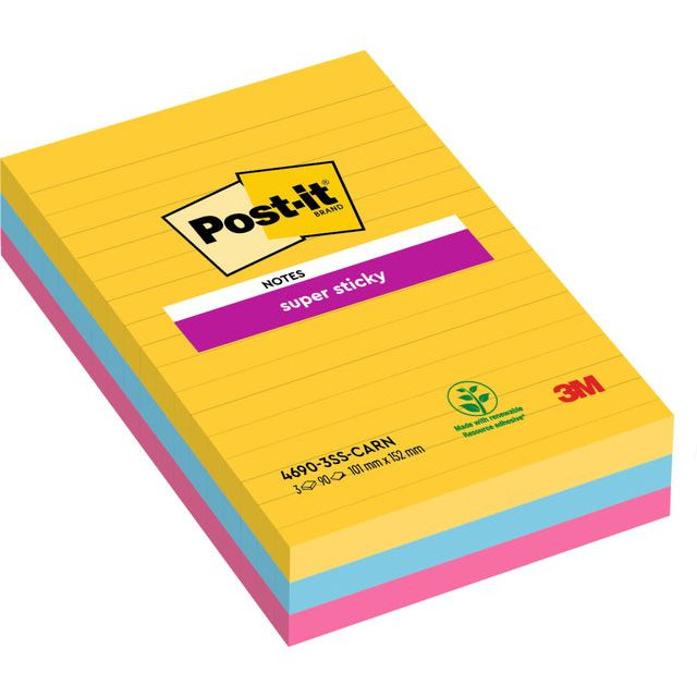 Post-it Super Sticky notes XXL Carnival, 90 vel, ft 101 X 152 mm, gelijnd, geassorteerde kleuren, pak van