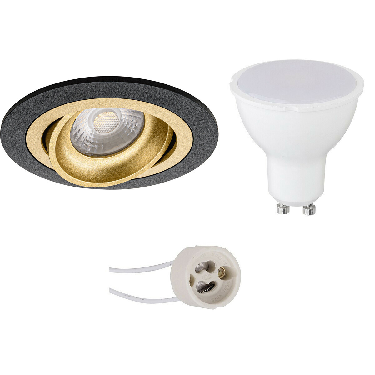 LED Spot Set - Pragmi Alpin Pro - GU10 Fitting - Inbouw Rond - Mat Zwart/Goud - 4W - Helder/Koud Wit 6400K - Kantelbaar Ø92mm