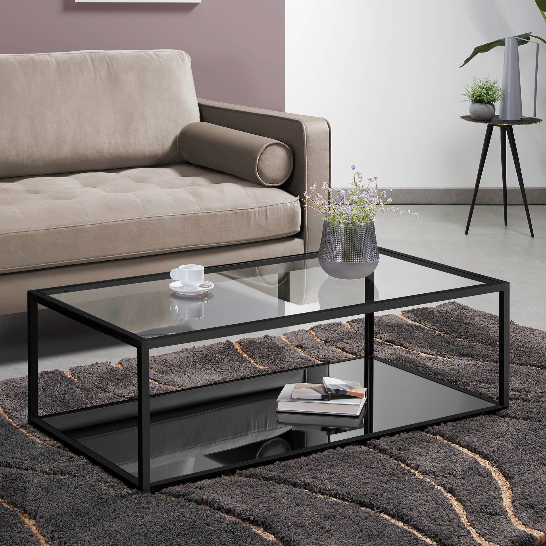 Kave Home Salontafel Blackhill Glas met zwart frame, 110 x 60cm - Vierkant