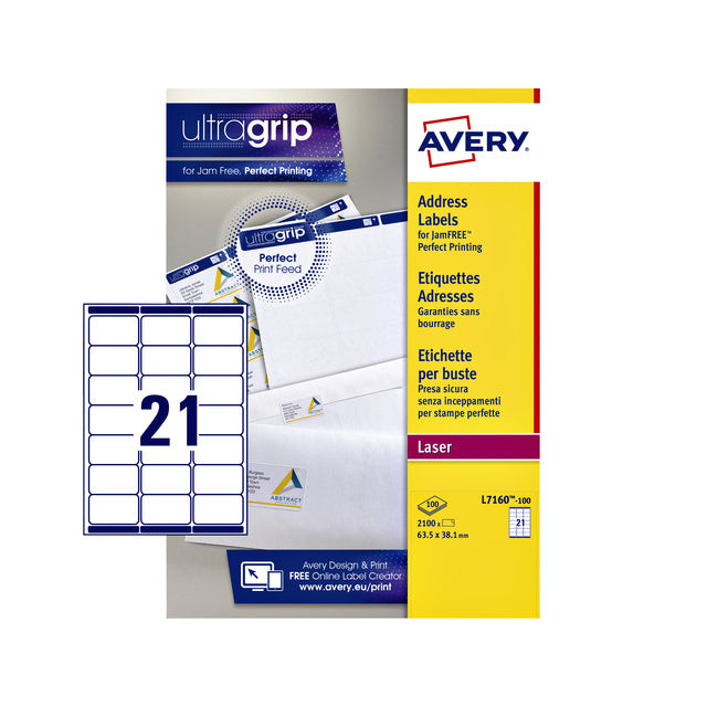 Avery L7160, Adresetiketten, Laser, Ultragrip, wit, 100 vellen, 21 per vel, 63,5 x 38,1 mm