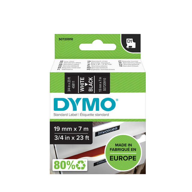 Labeltape Dymo 45811 D1 720910 19mmx7m wit op zwart