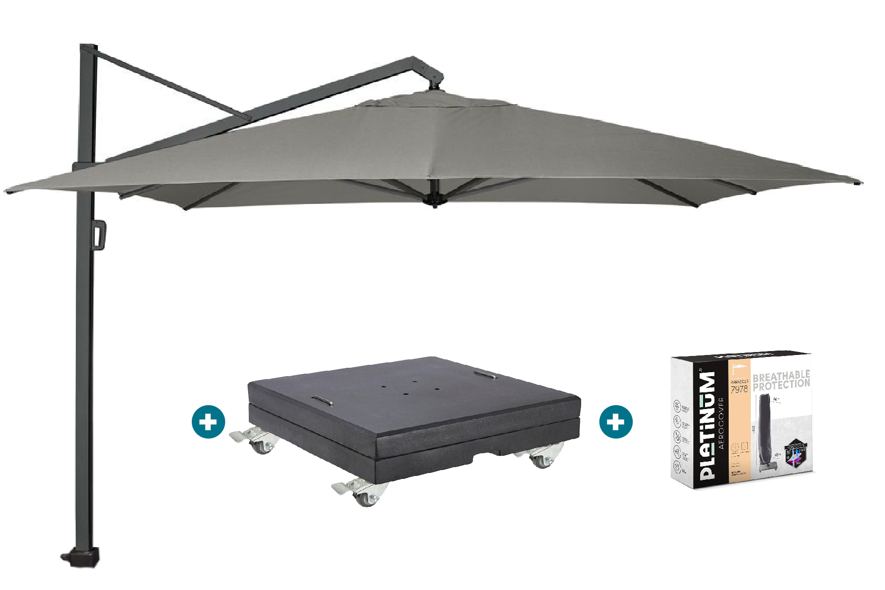 Platinum Icon T1 Zweefparasol - 4x3m. - Manhattan Grey met voet en hoes