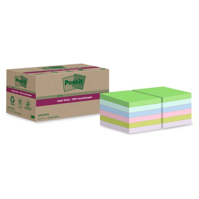 Post-it Super Sticky Notes Recycled, 70 vel, ft 47,6 x 47,6 mm, assorti, pak van 12 blokken