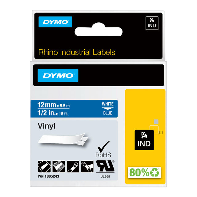 Dymo RHINO vinyltape 12 mm, wit op blauw