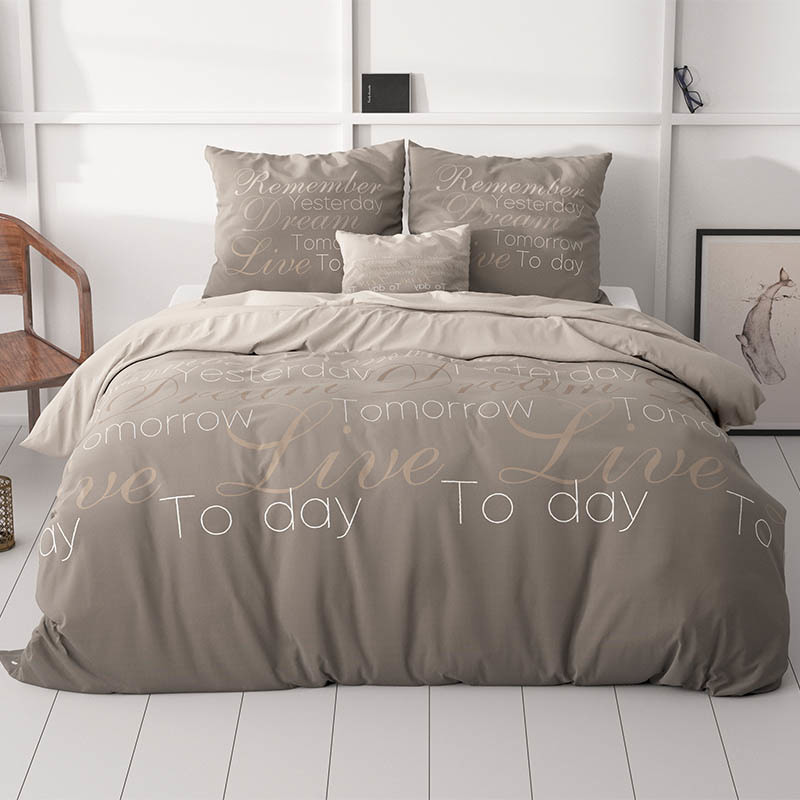 Dekbedovertrek Live Today - Tweepersoons (200x220 cm) - Taupe Polyester-katoen - Dessin: Tekst - Sleeptime - Dekbed-Discounter.nl