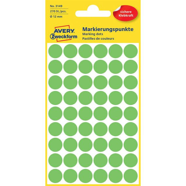 Etiket Avery Zweckform 3149 rond 12mm lichtgroen 270stuks | Pak a 5 vel