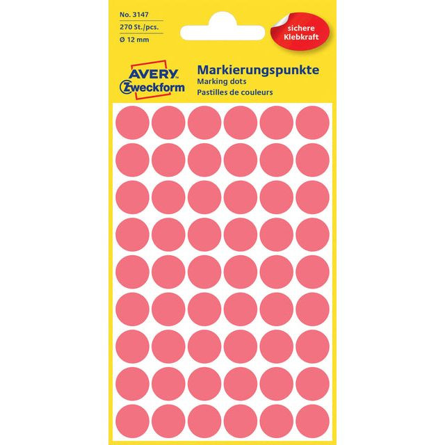 Etiket Avery Zweckform 3147 rond 12mm lichtrood 270stuks | Pak a 5 vel