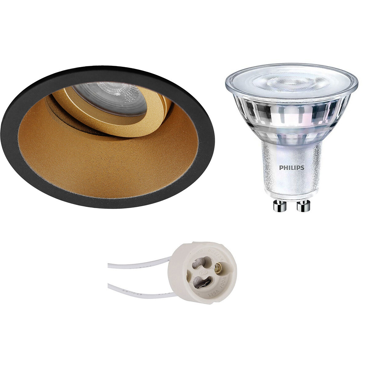 LED Spot Set - Pragmi Zano Pro - GU10 Fitting - Inbouw Rond - Mat Zwart/Goud - Kantelbaar - Ø93mm - Philips - SceneSwitch 827 36D - 1.5W-5W - Warm Wit 2200K-2700K - Dimbaar