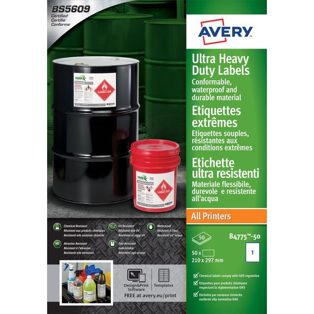 Etiket avery b4775-50 210x297mm pe wit 50st