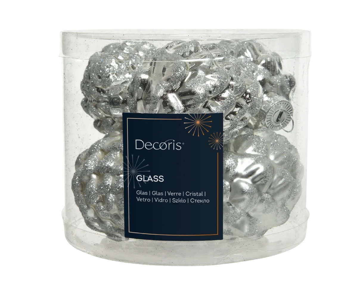 Decoris Kerstballen glas dennenappel 6st Zilver 5x7cm