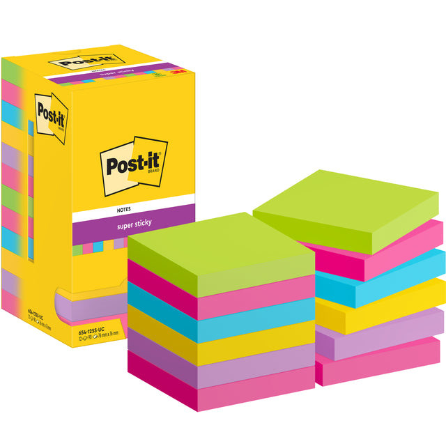 Post-It Super Sticky Notes, 90 vel, ft 76 x 76 mm, assorti, pak van 12 blokken