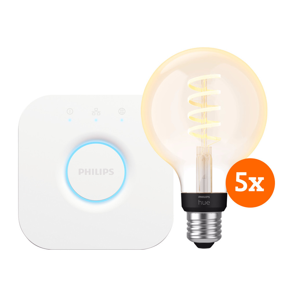 Philips Hue Filament White Ambiance Globe 5-Pack + Bridge