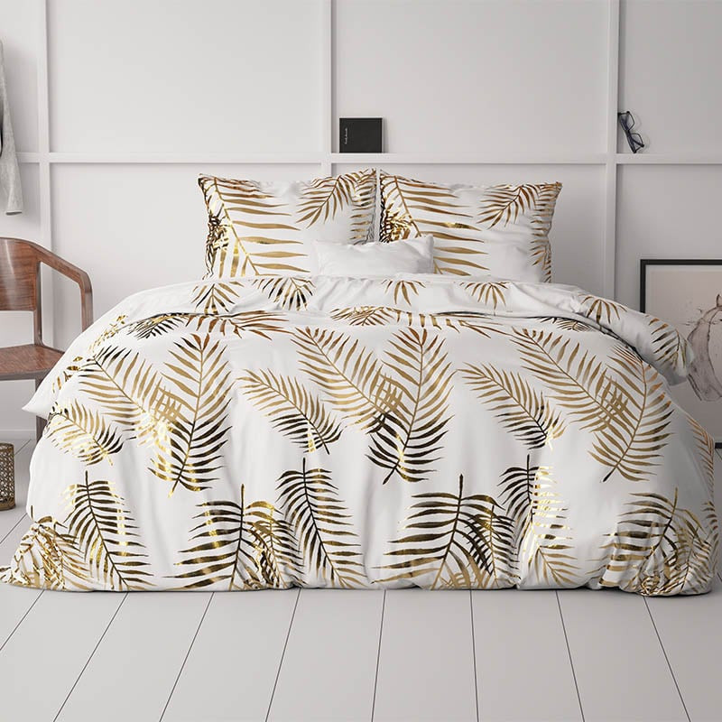 Dekbedovertrek Glamour Leaves Dekbedovertrek - Lits-Jumeaux (240x220 cm) - Wit & Goud Microvezel - Dessin: Patroon, Luxe - Sleeptime -