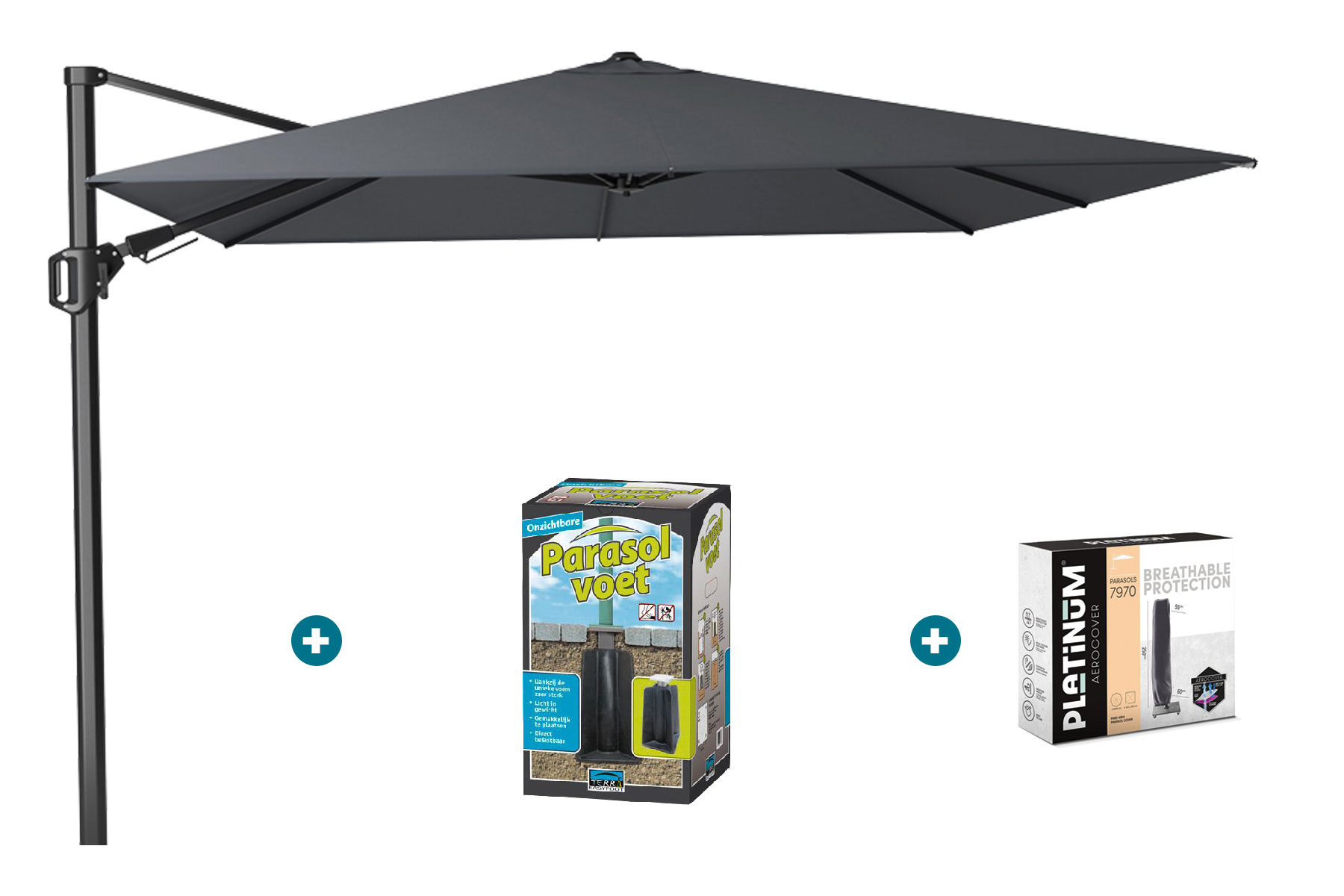 Platinum Challenger zweefparasol T2 - 3x3 m. - Antraciet - met ingraafvoet en hoes