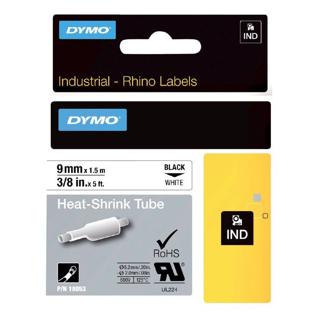 Labeltape Dymo Rhino 18053 krimpkous 9mmx1.5m zwart op wit