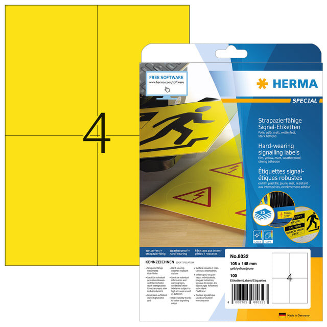 Etiket HERMA 8032 105x148mm weerbestendig geel 100stuks | Blister a 25 vel