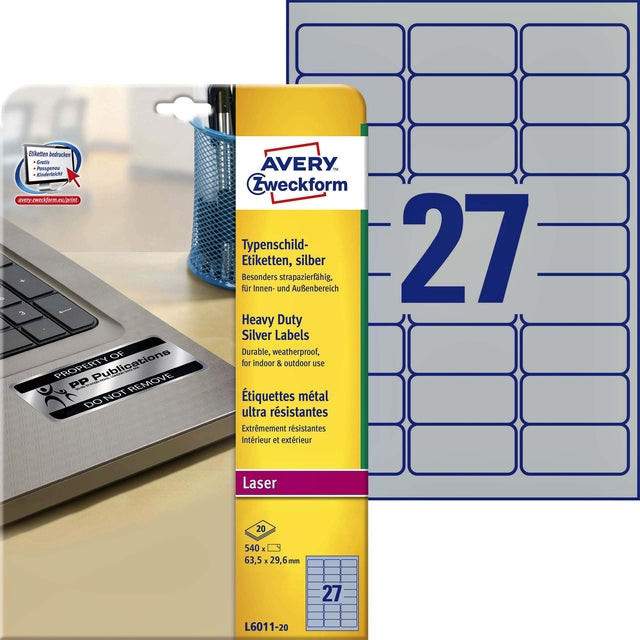 Etiket Avery L6011-20 63.5x29.6mm zilver 540stuk | 5 stuks