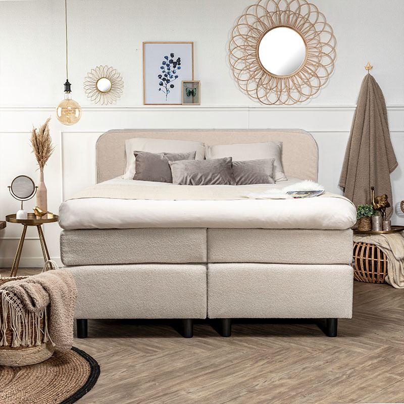 2-Persoons Boxspring Curvy - Teddystof - Creme & Zand 180x210 cm - Pocketvering - Inclusief Topper - Dekbed-Discounter.nl