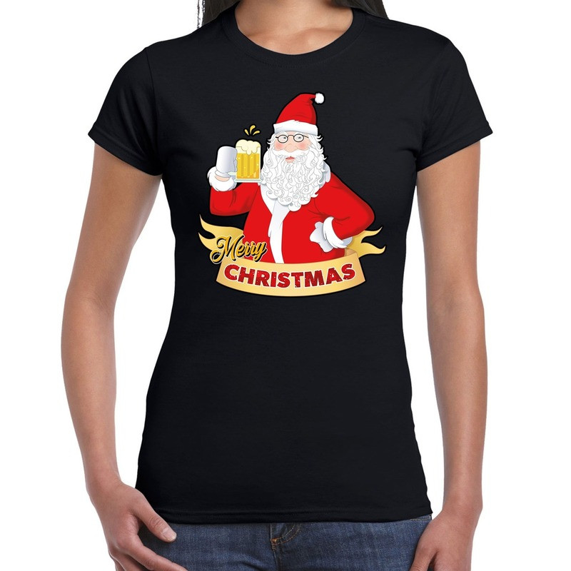 Fout kerstshirt zwart santa met pul bier voor dames