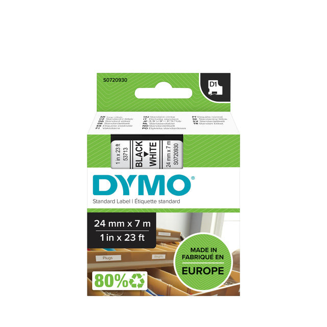 Labeltape Dymo 53713 D1 720930 24mmx7m zwart op wit | 1 stuk