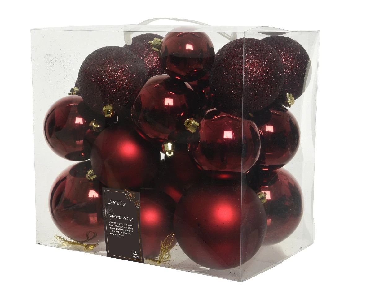 Decoris kerstballen set Plastic 26st ossenbloed 6-8-10cm