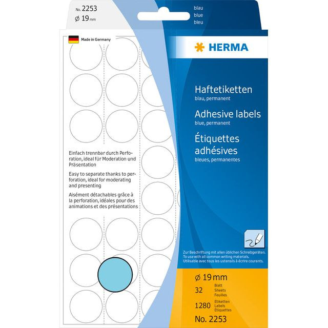 Etiket HERMA 2253 rond 19mm blauw 1280stuks