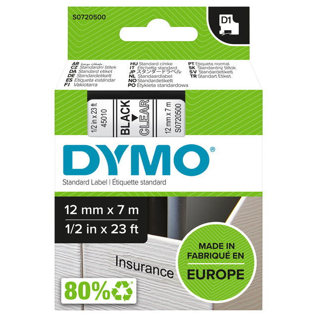 Labeltape Dymo 45010 D1 720500 12mmx7m zwart op transparant | 5 stuks