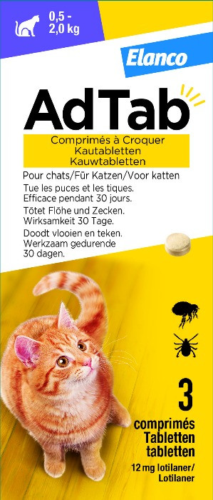 AdTab kauwtablet tegen vlooien en teken voor katten van 0,5 tot 2 kg