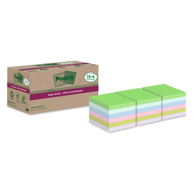 Post-it Super Sticky Notes Recycled, 70 vel, ft 76 x 76 mm, assorti, 14 + 4 GRATIS