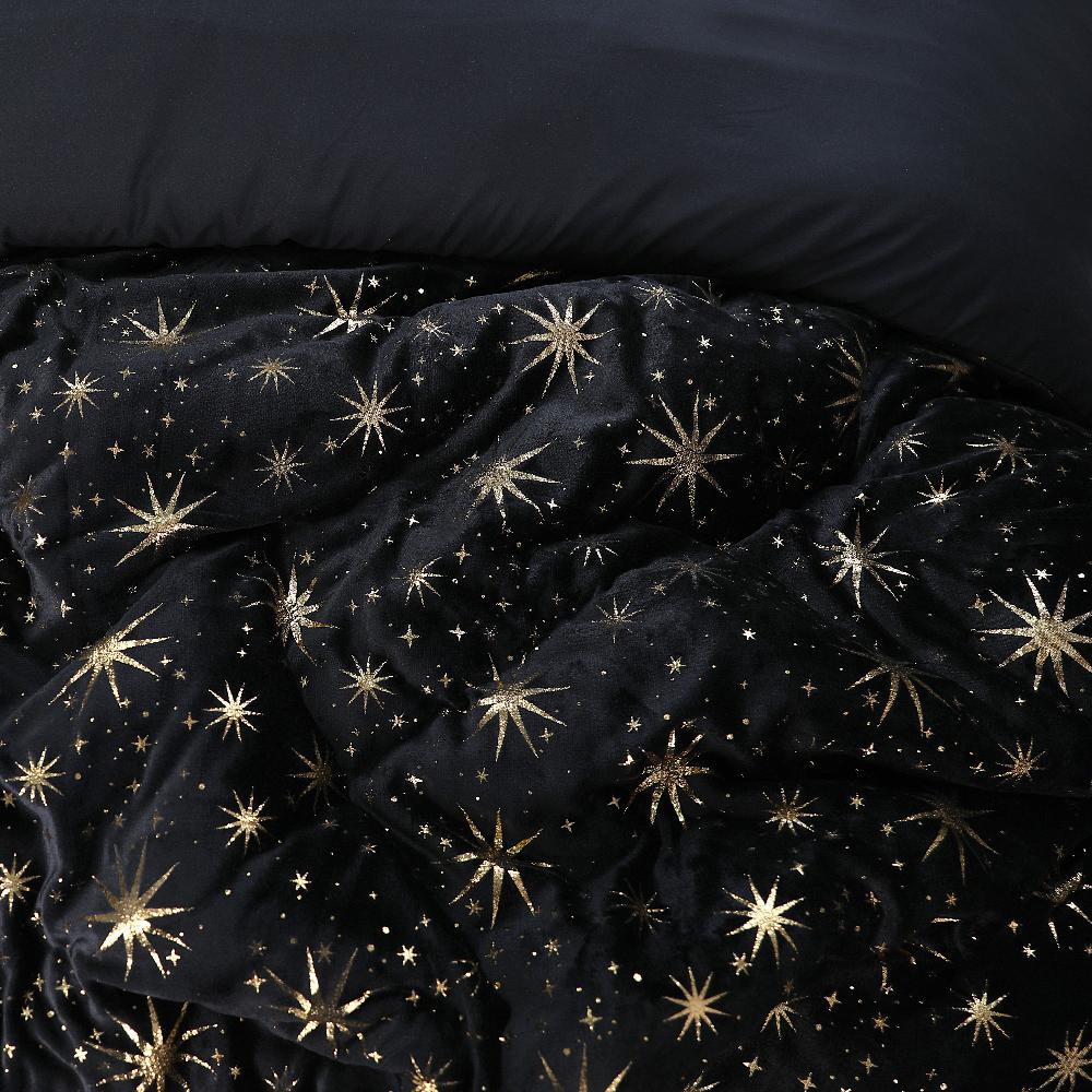 RoyalTextile - Glamour Stars Foil Dekbedovertrek Flanel - Zwart - 140 x 220