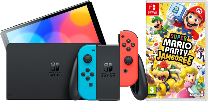 Nintendo Switch OLED Blauw Rood + Mario Party Jamboree