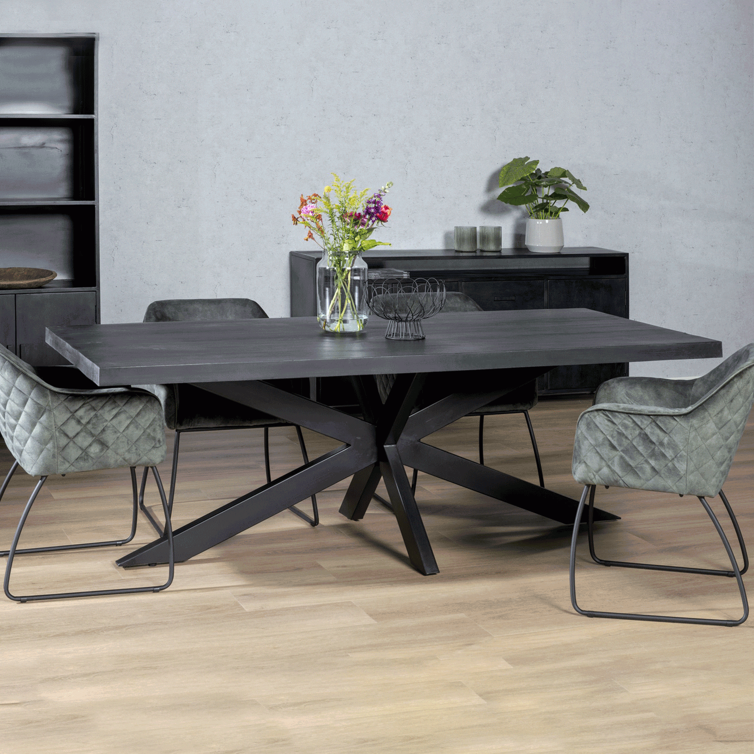 LivingFurn Eettafel Kala Spider Mangohout en staal, 240 x 100cm - zwart