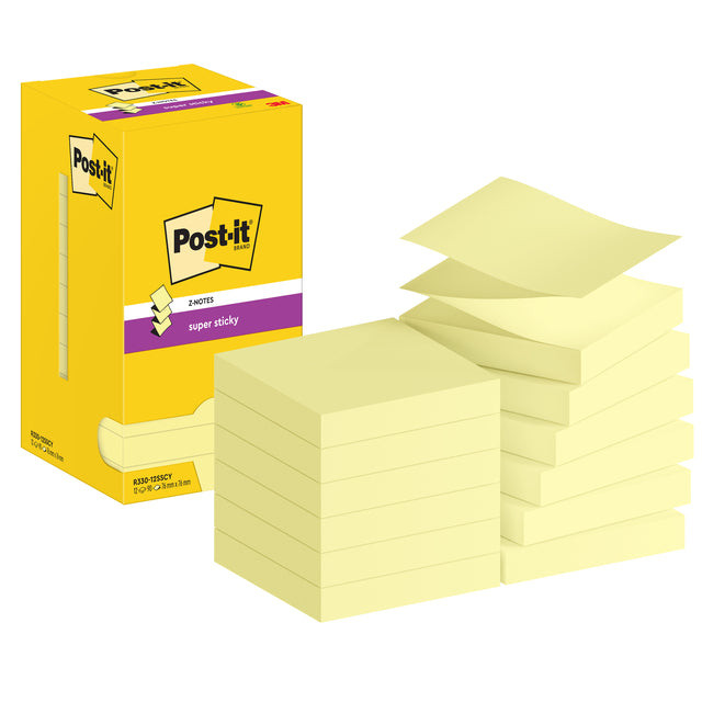 Post-It Super Sticky Z-Notes, 90 vel, ft 76 x 76 mm, geel, pak van 12 blokken