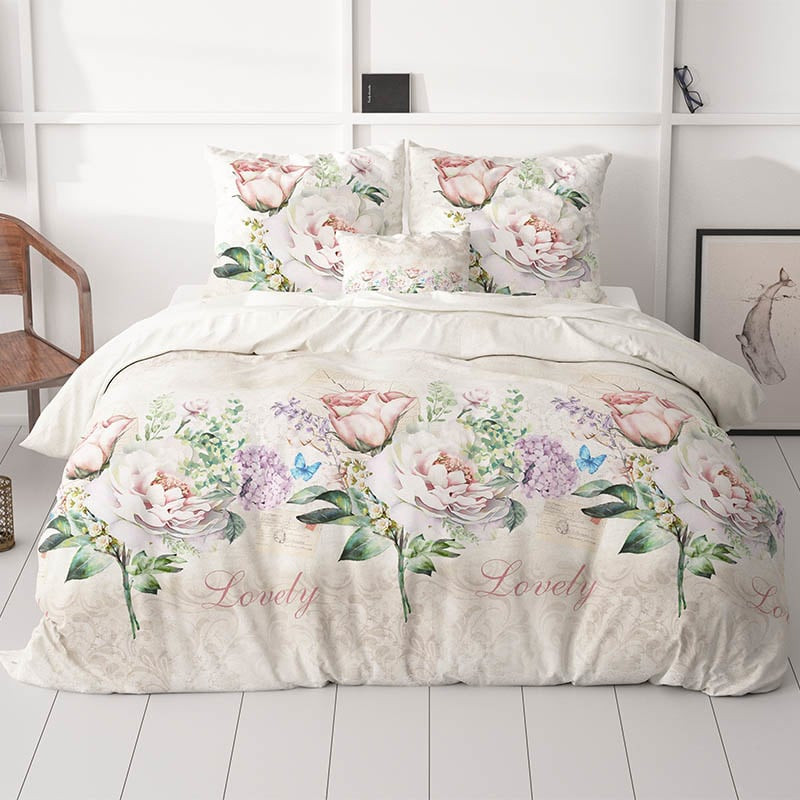 Dekbedovertrek Lovely Flower Dekbedovertrek - Lits-Jumeaux (240x220 cm) - Beige Polyester-katoen - Dessin: Bloemen - Sleeptime - Dekbed-Discounter.nl