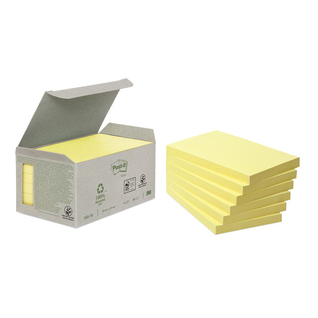 Post-it Recycled notes, 100 vel, ft 76 x 127 mm, geel, pak van 6 blokken