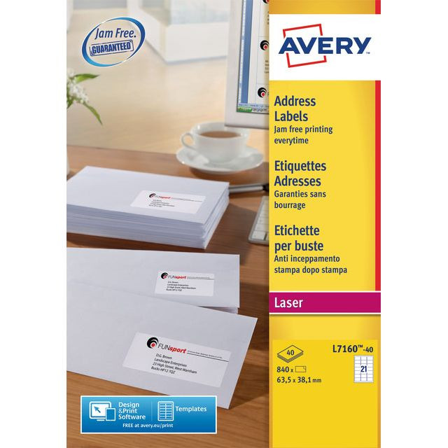 Avery L7160, Adresetiketten, Laser, Ultragrip, wit, 40 vellen, 21 per vel, 63,5 x 38,1 mm