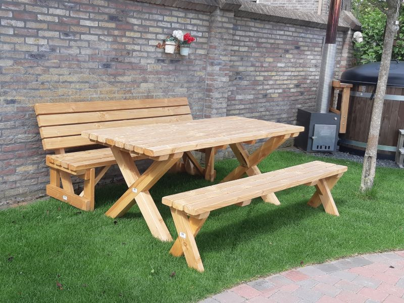 Houten tuinset met bank | Tafel met x poot van Douglas hout 150 cm Gemonteerd