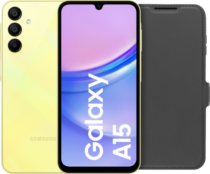 Samsung Galaxy A15 128GB Geel 4G + BlueBuilt Book Case Zwart