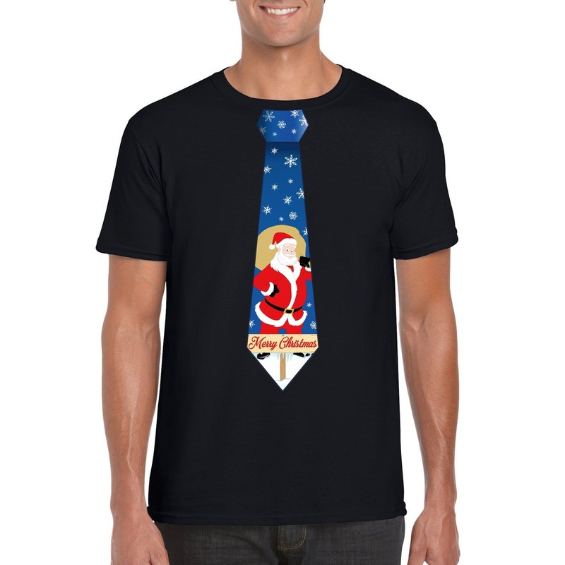 Foute Kerst t-shirt stropdas met kerstman print zwart voor heren