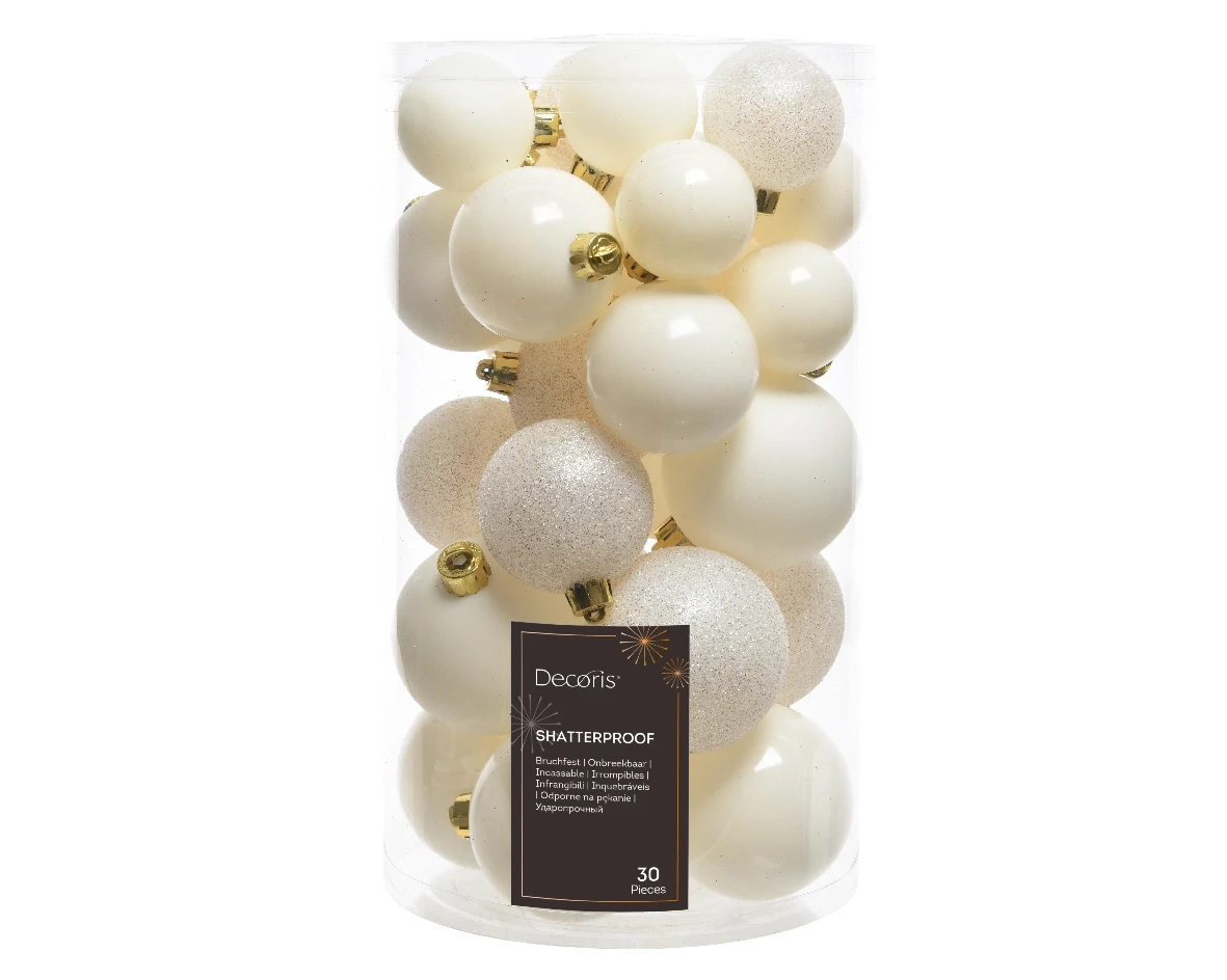 Decoris kerstballen set Plastic 30st wolwit 4-5-6cm