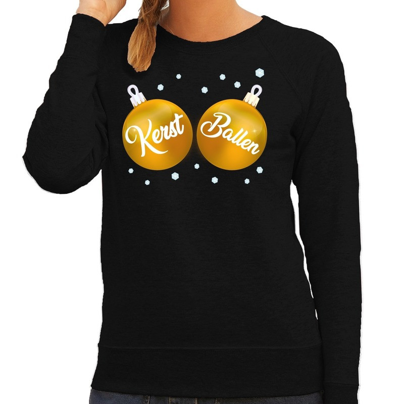 Foute kersttrui / sweater zwart met gouden Kerst Ballen dames