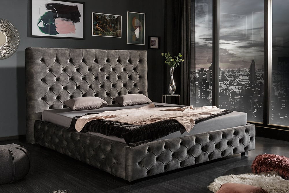 Design tweepersoonsbed PARIS 160x200cm grijs olijf fluweel Chesterfield gestoffeerd bed - 43537