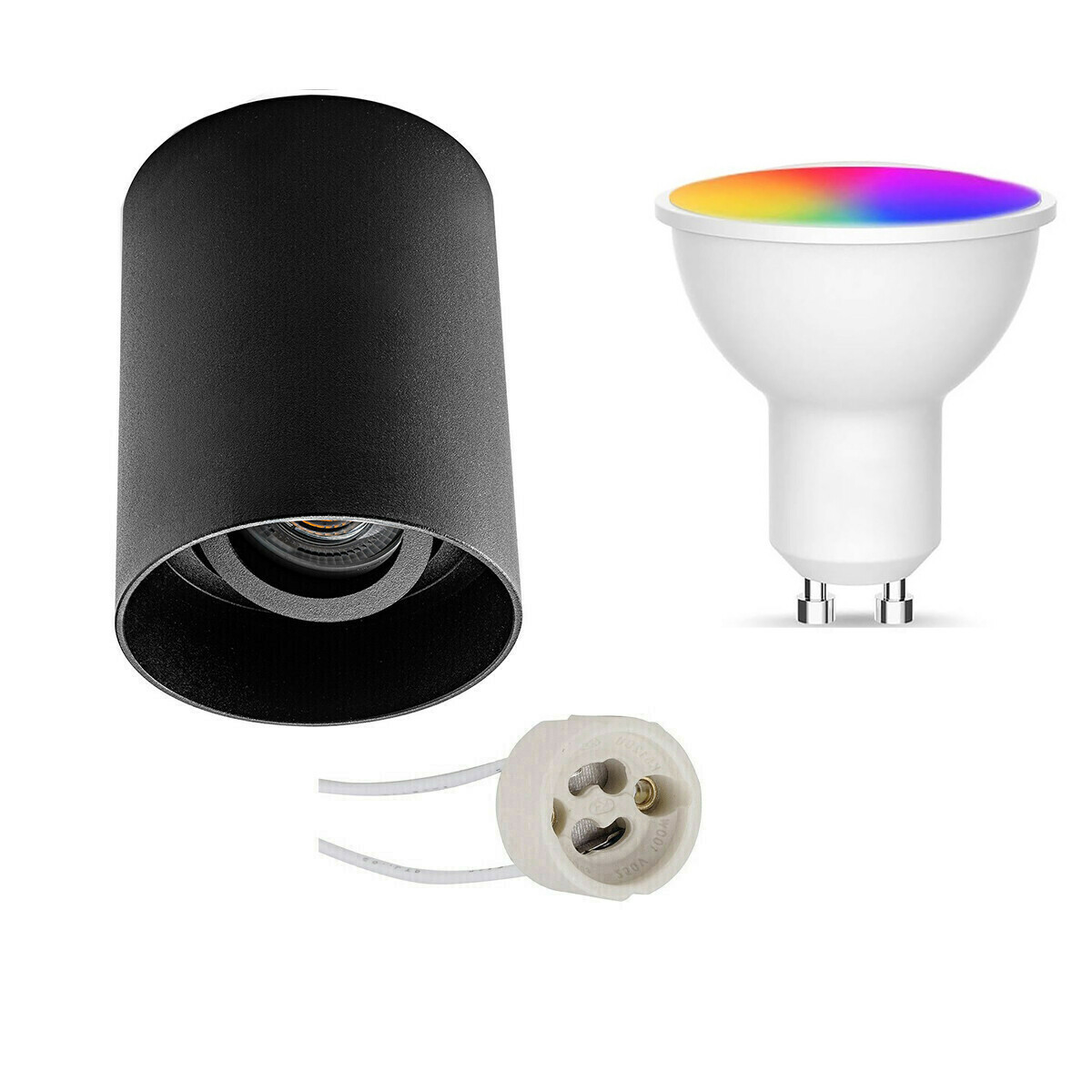 Opbouwspot Set GU10 - Facto - Smart LED - Wifi LED - Slimme LED - 5W - RGB+CCT - Aanpasbare Kleur - Dimbaar - Pragmi Luxina Pro - Opbouw Rond - Mat Zwart - Verdiept - Kantelbaar - Ø90mm