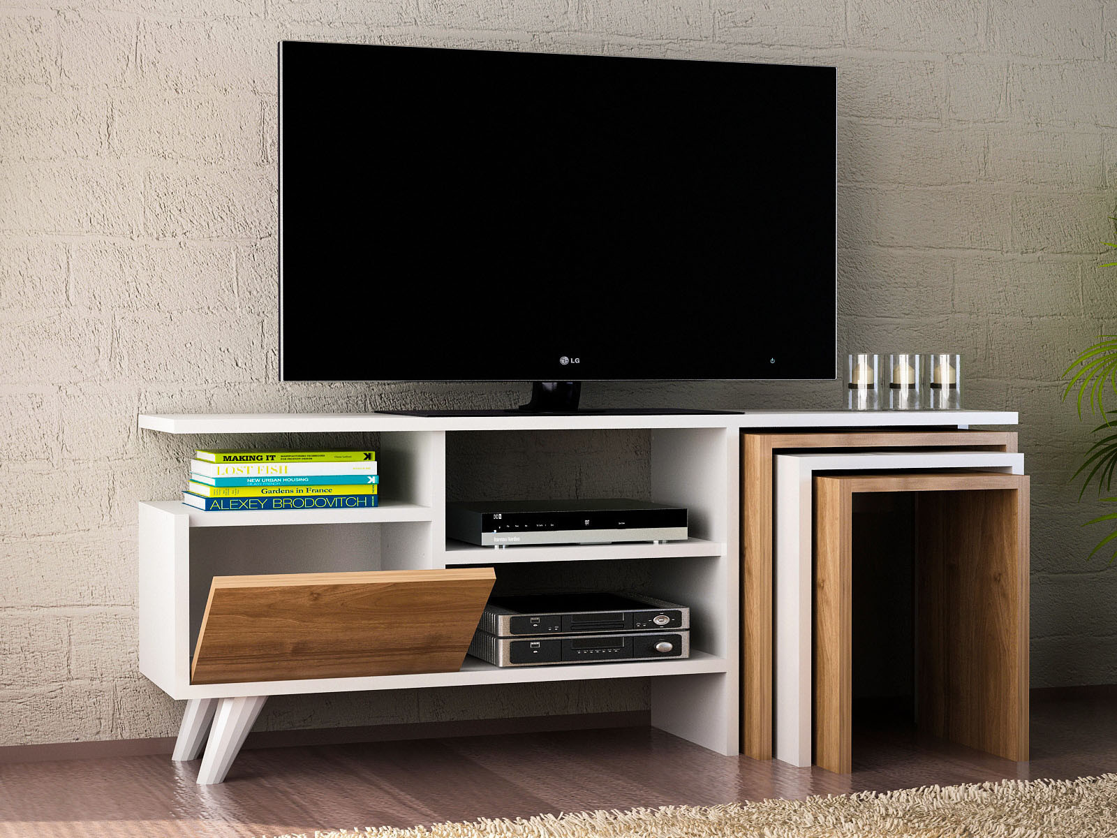 Tv-meubel NATUZZI 1 klapdeur wit/walnoot