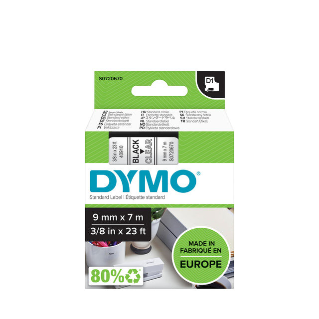 Dymo D1 tape 9 mm, zwart op transparant