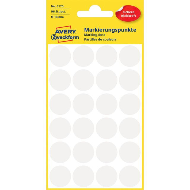 Etiket Avery Zweckform 3170 rond 18mm wit 96stuks | Pak a 4 vel