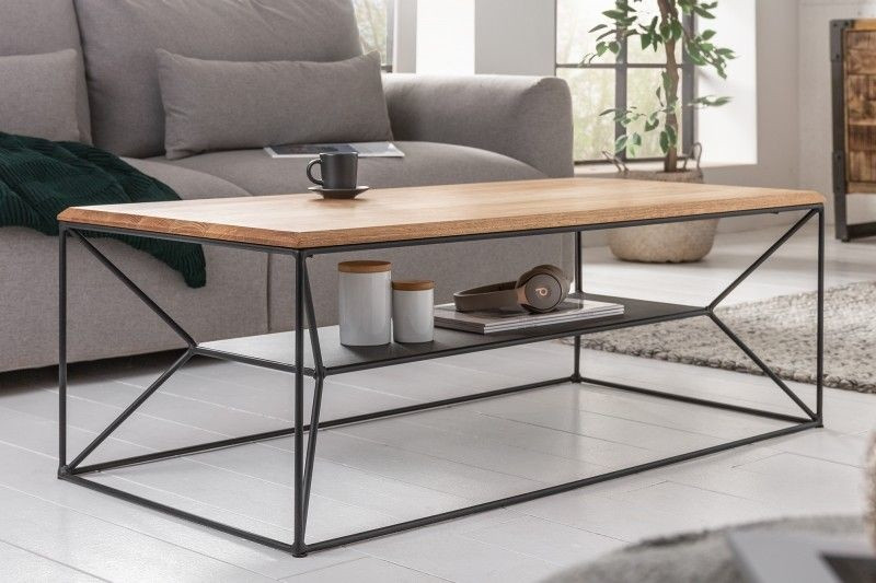 Massief houten salontafel ARCHITECTURE 110cm geolied eiken zwart metalen frame met plank - 41577