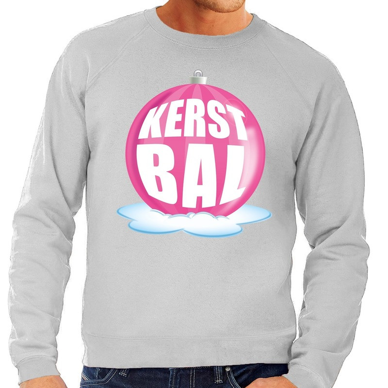 Foute kersttrui kerstbal roze op grijze sweater voor heren