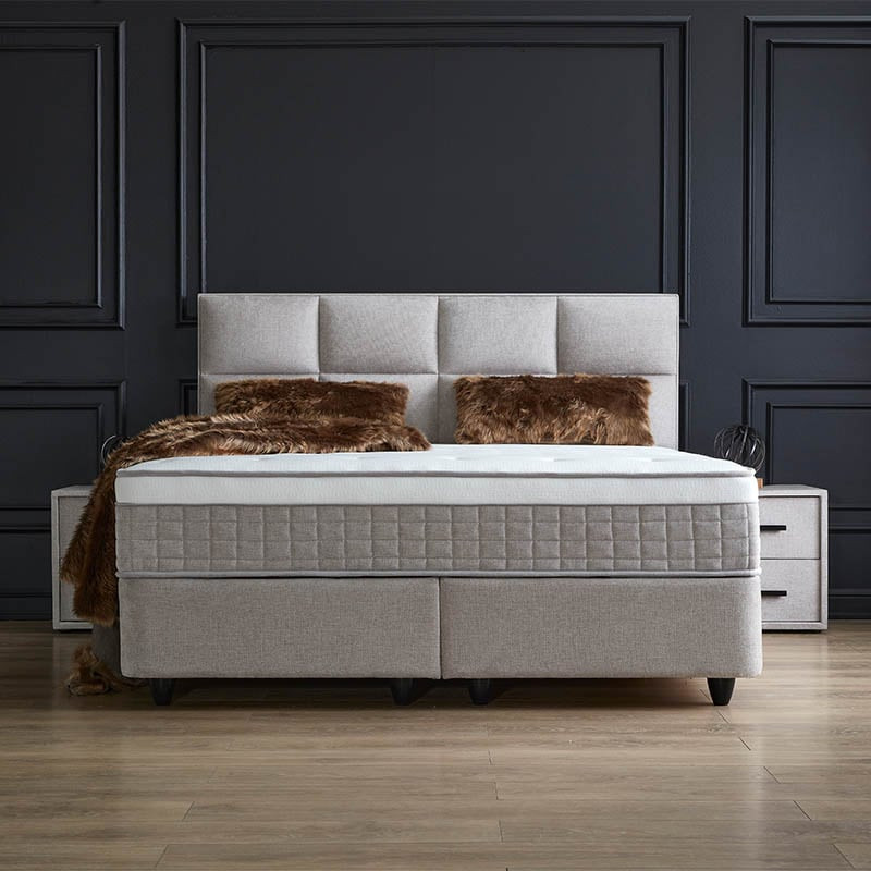 2-Persoons Boxspring met opbergruimte Ayana - Grijs & Beige 160x200 cm - Pocketvering - Inclusief Topper - Dekbed-Discounter.nl