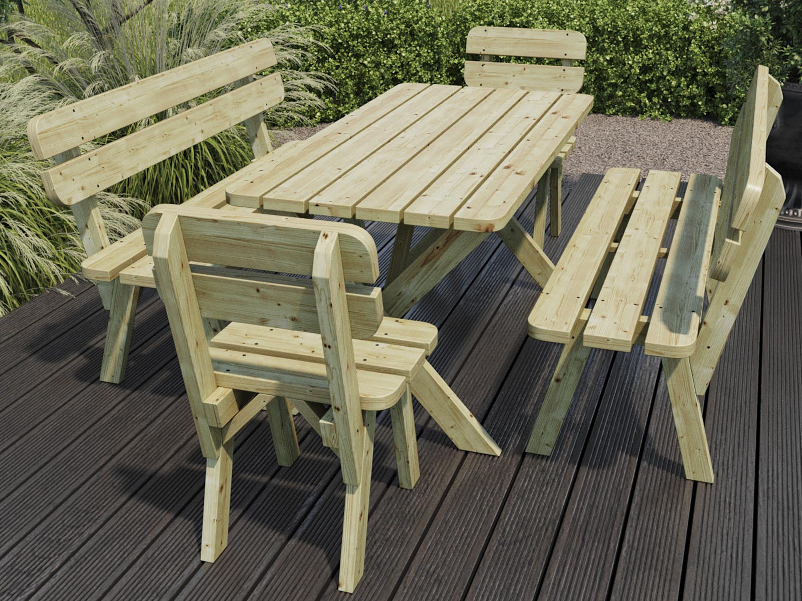 Tuinset eettafel, bank en stoelen ANGEL 150 cm natuurlijke pijnboom